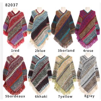 82037 Mixed fabric knitted poncho with tassel