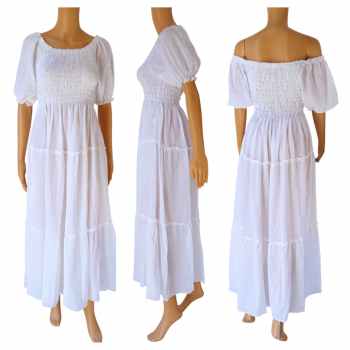 Sanga-07-White Cotton Smocked White Maxi Dress