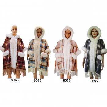 8026-63-65-90  Wool Blend Sherpa Lined Fur Poncho
