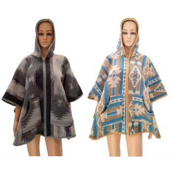 8052 Wool Blend Sherpa Lined zipup Poncho Free Size