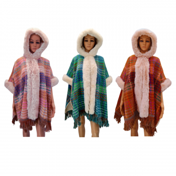 8066 Sherpa Lined Wool Blended Poncho Freesize