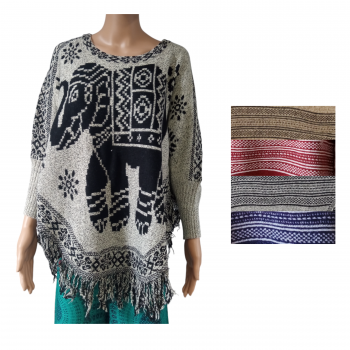 P-1762 Acraylic wool Poncho with Elephant freesize