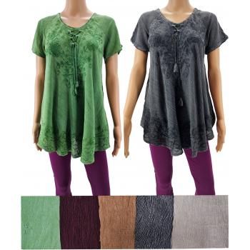 R-715 Rayon stone wash short sleeve Tops