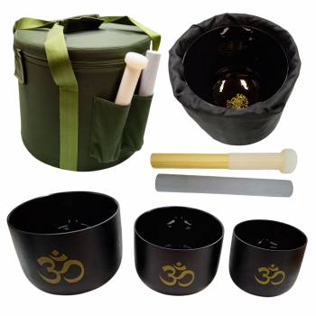 CSB-3 Black Crystal Singing Bowl with Om print Set of 3