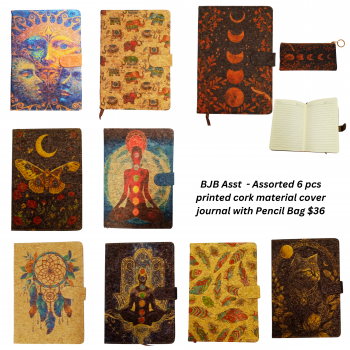 BJB Asst - Assorted 6 pcs printed cork material cover journal with Pencil Bag