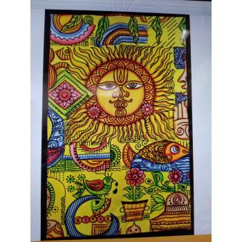 KTP-54 Twinsize tapestry with colorful painting of a sun with a face